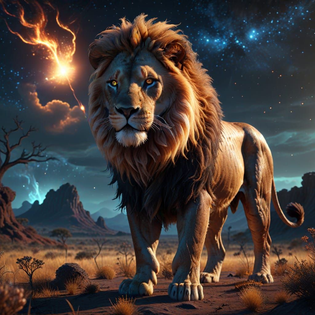 Majestic Lion on Alien Savanna in Hyperrealistic Style