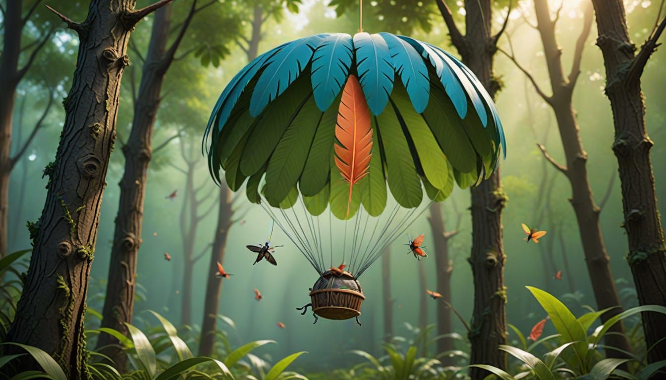 Tiny Cricket Soars Down from Tree with Feather Parachute