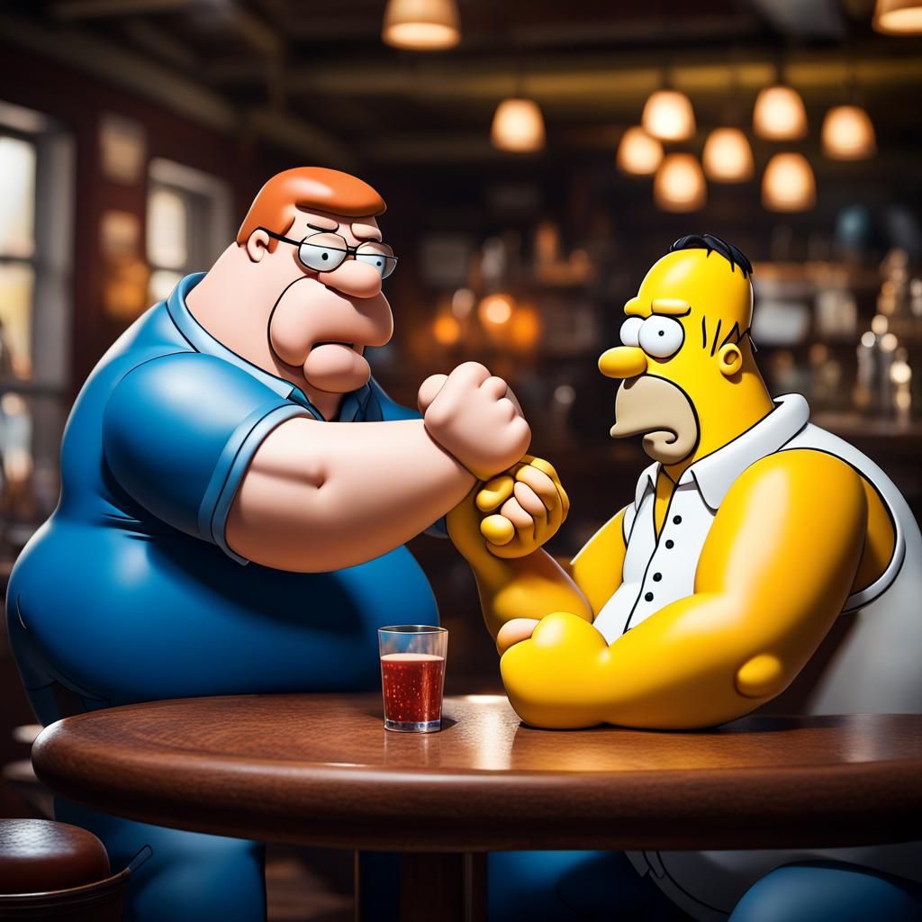 Peter Griffin and Homer Arm Wrestling in Bar
