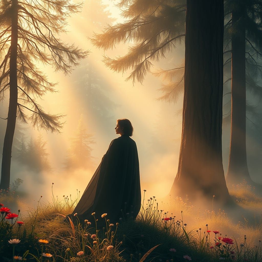 Surreal Figure in Vibrant Forest Landscape