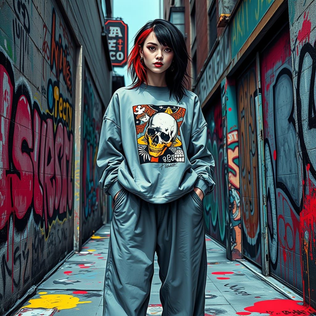 Grunge Punk Woman in Graffiti Cityscape