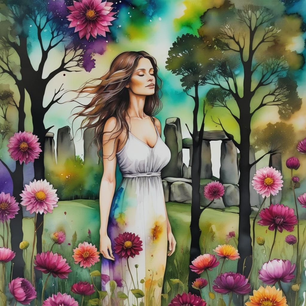 Alcohol Ink Painting of Stonehenge and Dahlias