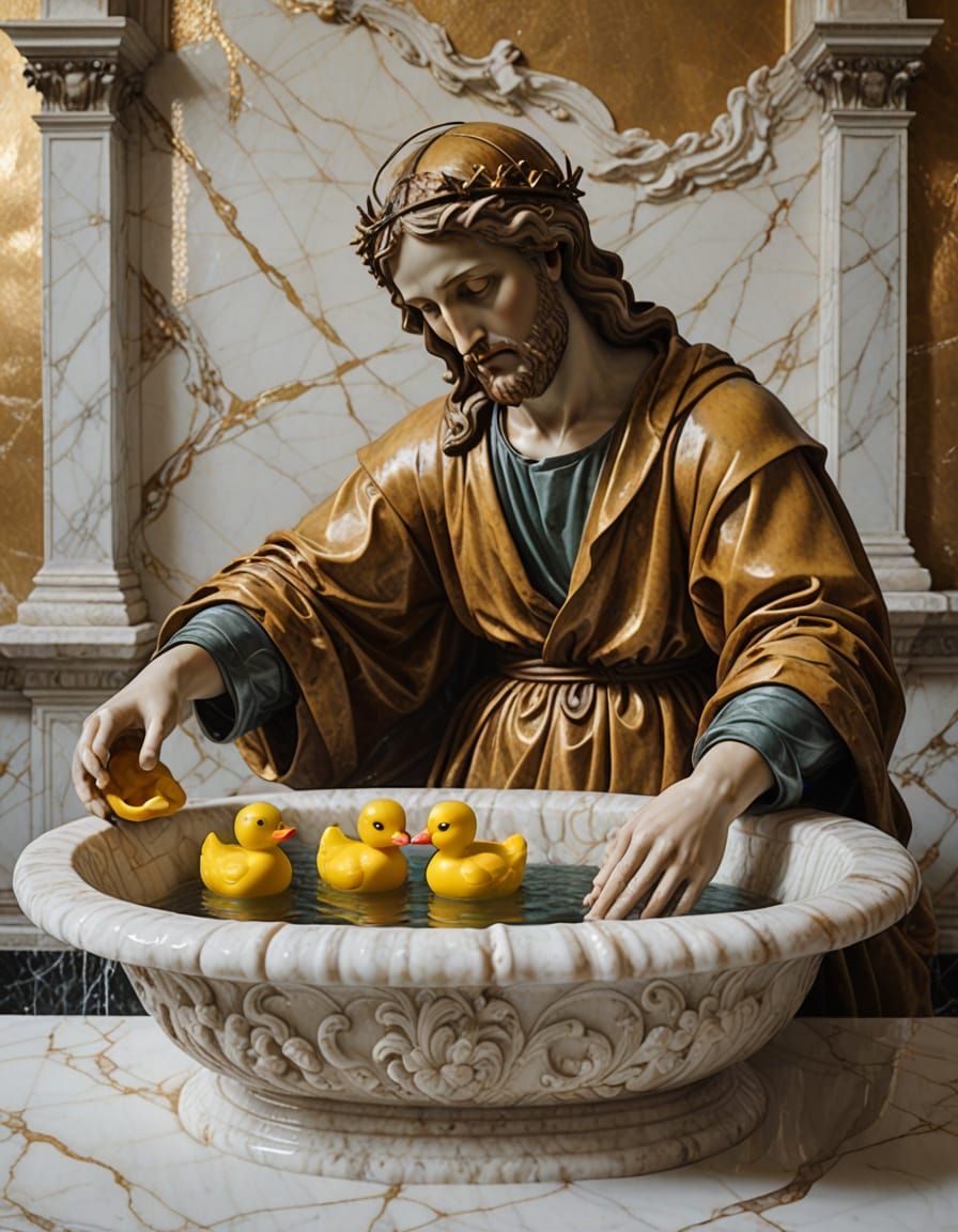 Baby Jesus Plays with a Yellow Duckie in a Marble Tub, in th...