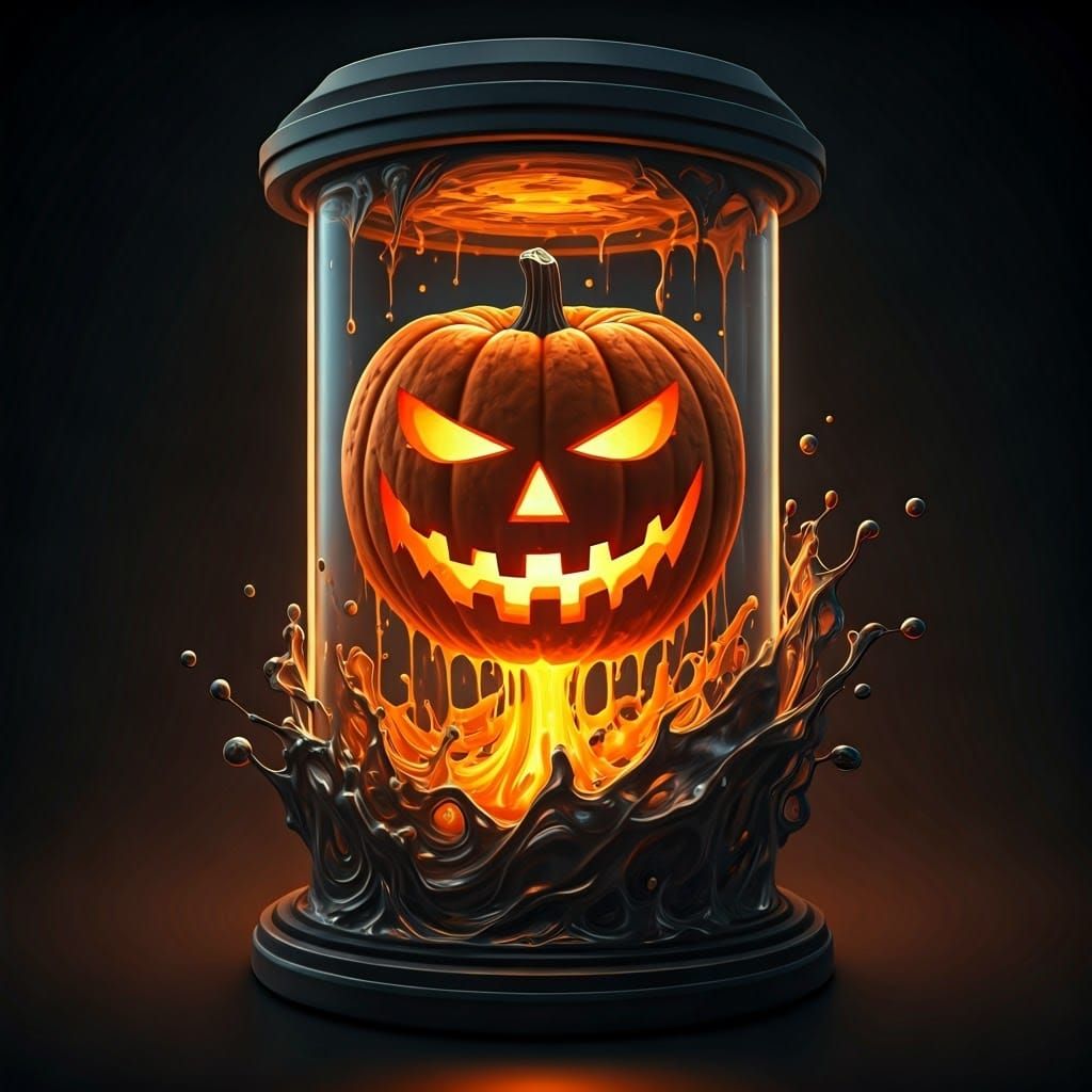 Glowing Jack O'Lantern in Glass Cylinder: Digital Horror Art