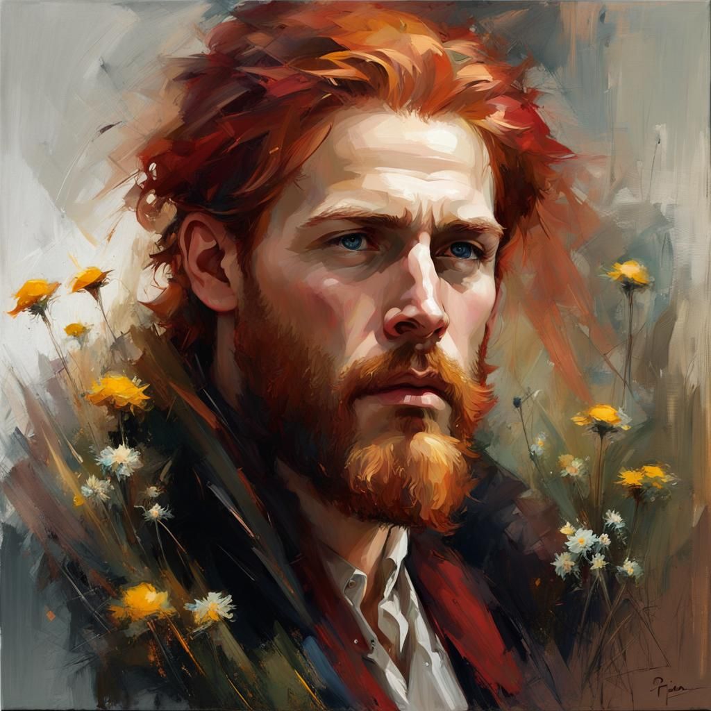Red-Haired Man with Flowers, Fantasy Portrait
