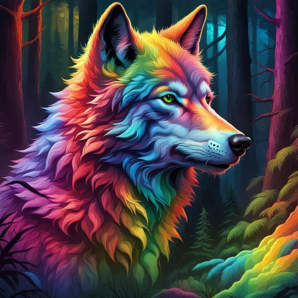 Neon Rainbow Wolf in Forest, Vector Art