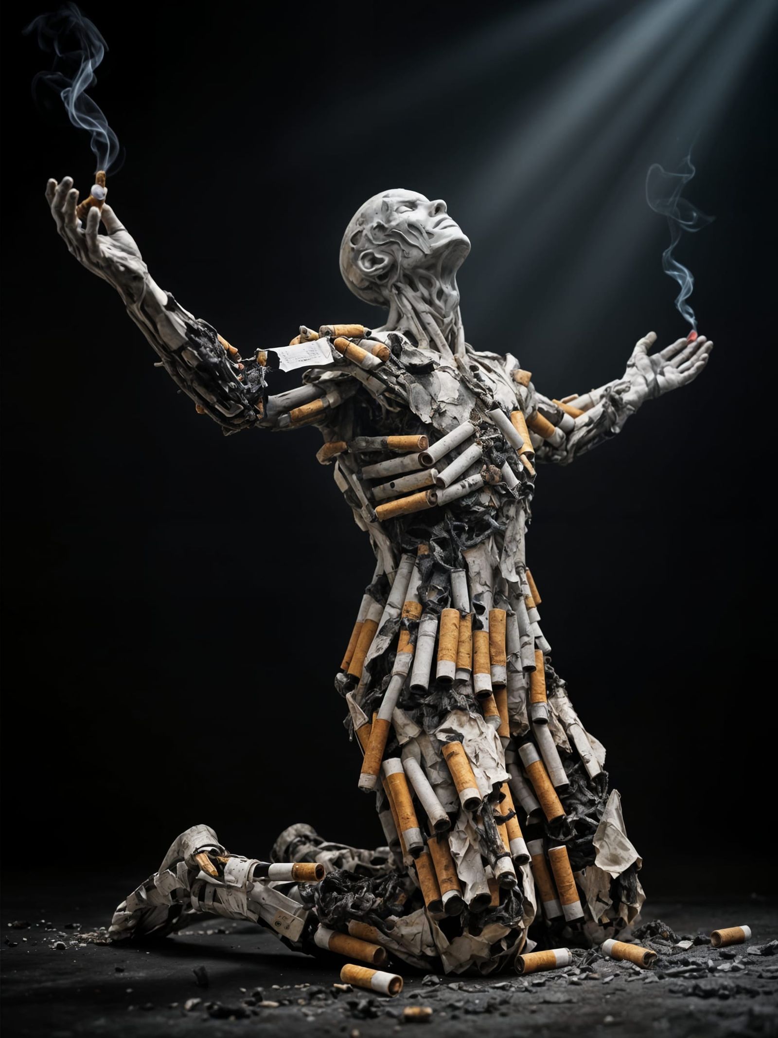 Surreal Sculpture of Humanoid Kneeling in Heavenly Surrender