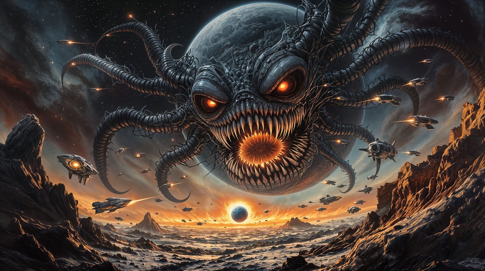 Cosmic Nightmare Planet Devours Moon in Cyberpunk Detail