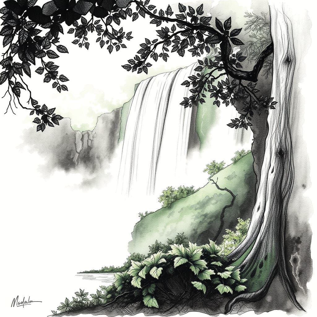Intricate Ink Drawing of Serene Victoria Falls