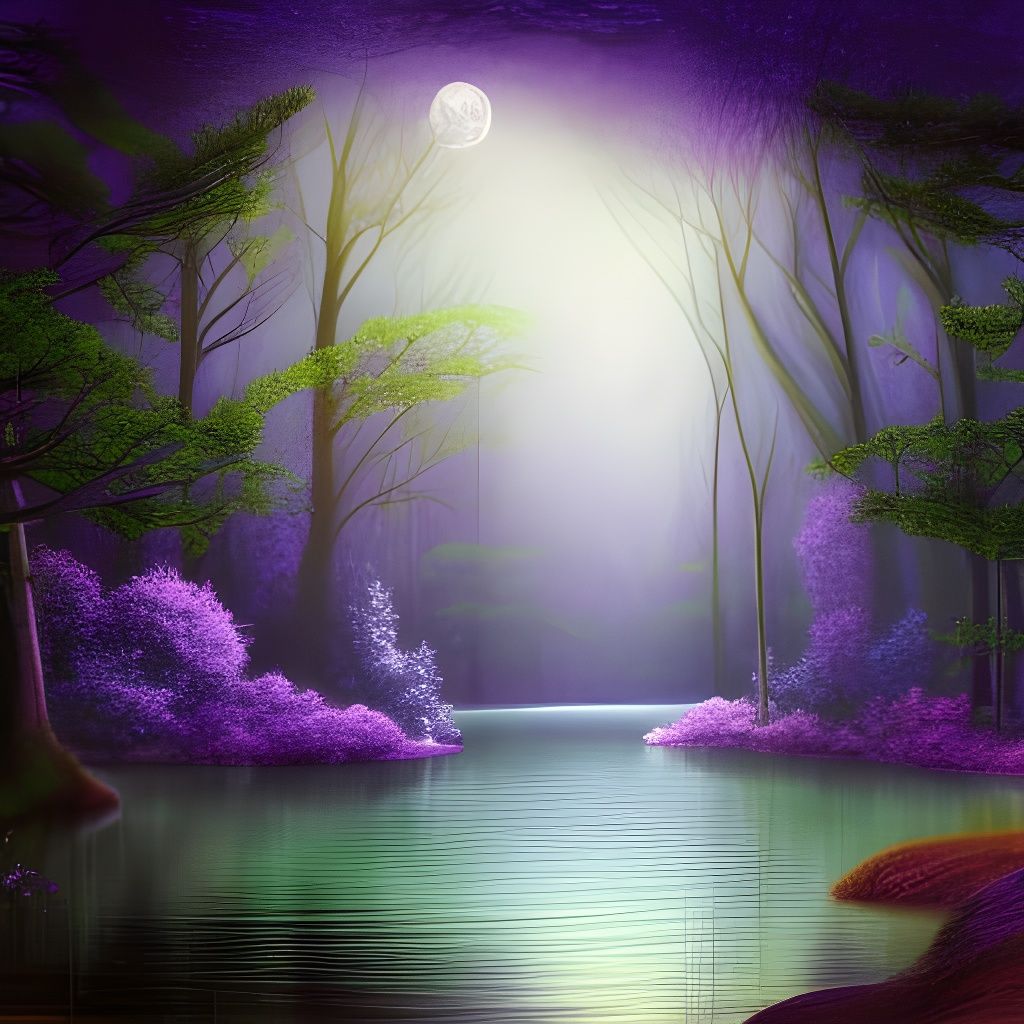 whimsical enchanted scene, beautiful shimmering lake in the foreground, Forest trees form a frame, Through the trees a m...