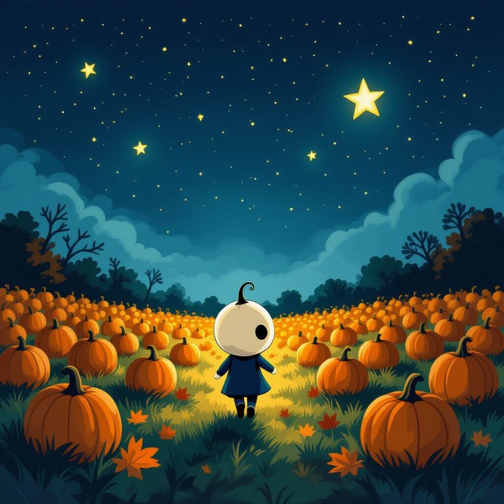 Turnip Child in Pumpkin Patch Under Starry Night Sky