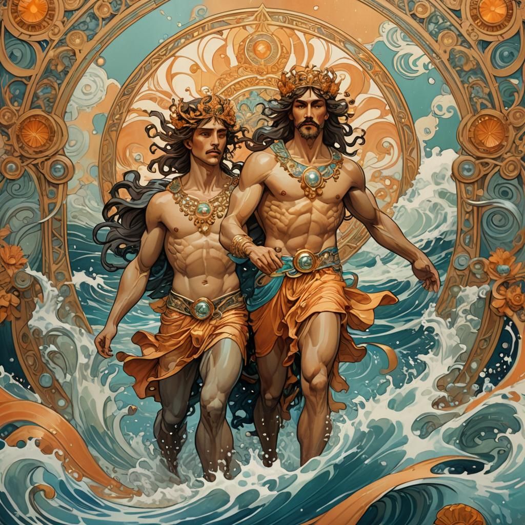 Triton and Poseidon's Son in Art Nouveau Style