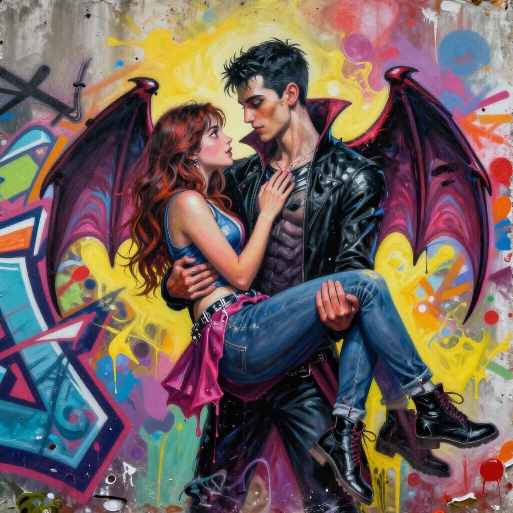 Vampire Boy and Girl Embrace in Graffiti Art Style