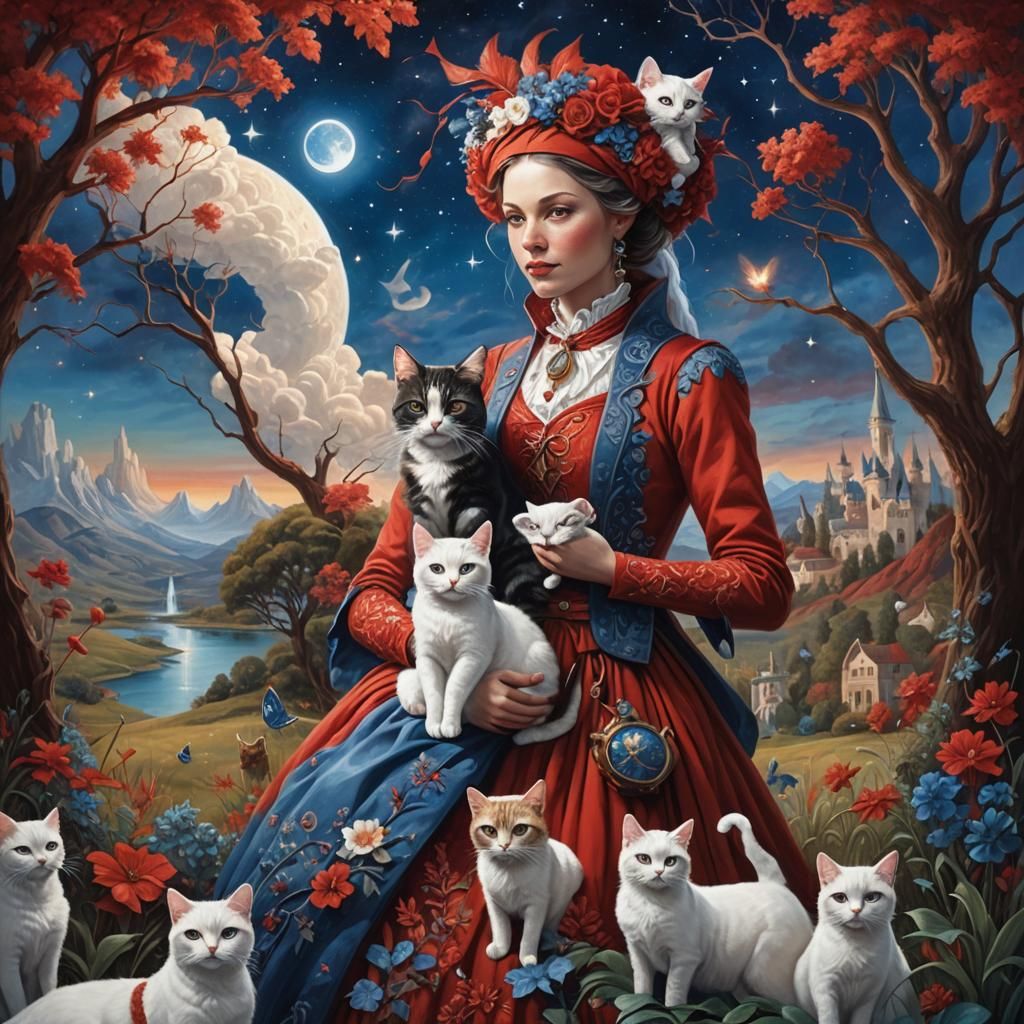Whimsical Cat Lady in Surreal American Landscape