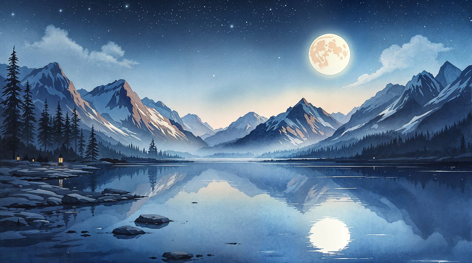 Norwegian Mountain Lake under Moonlit Twilight in Watercolor...