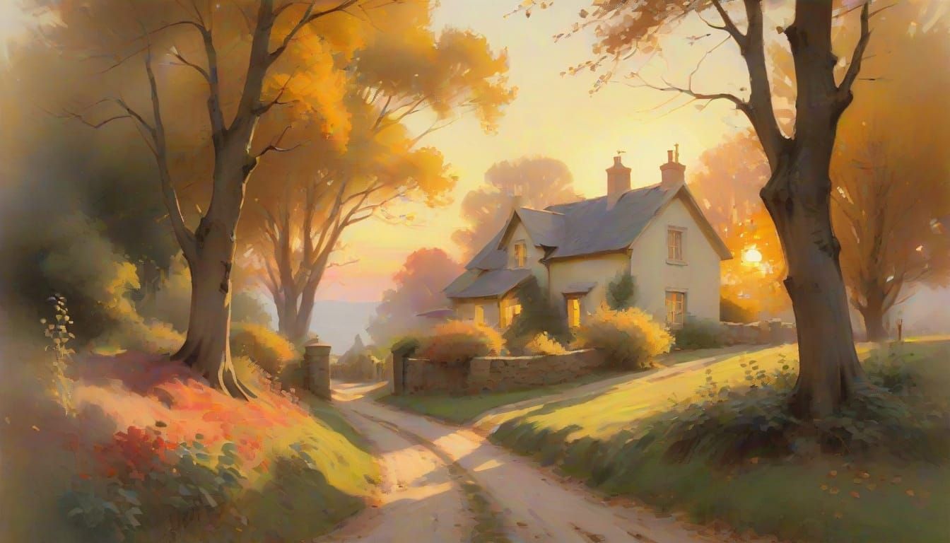 Quaint Autumn Cottage in Impressionist Style