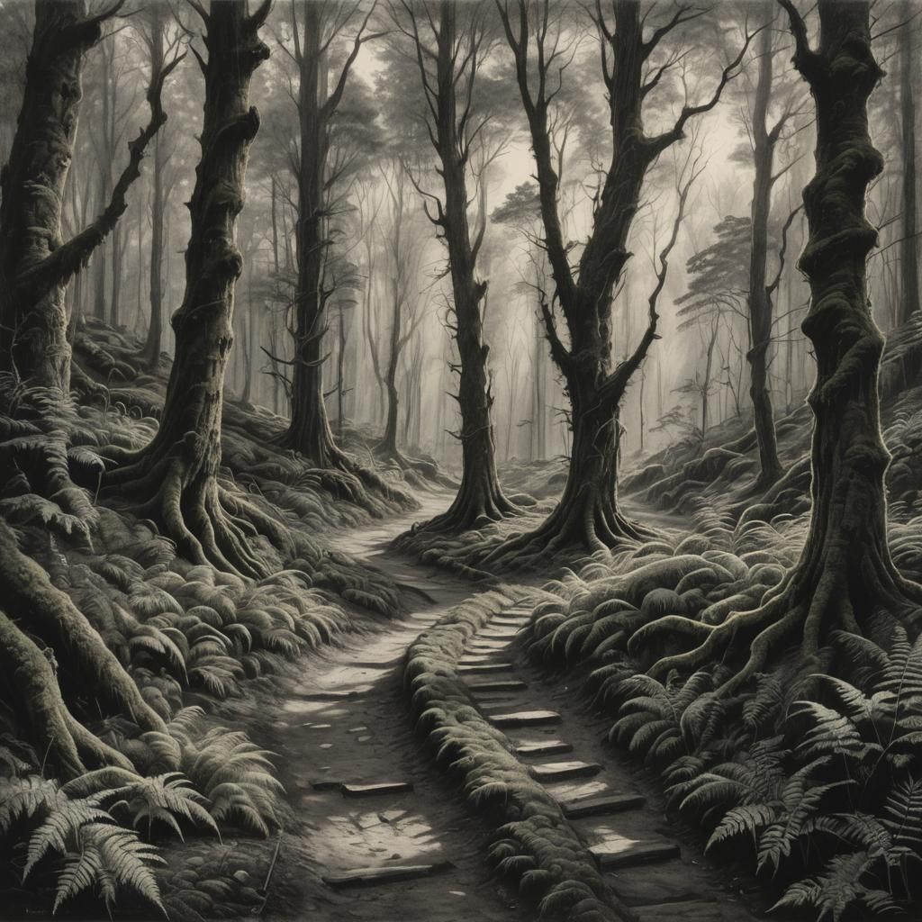 Moody Forest Path Charcoal Drawing with Sunlight