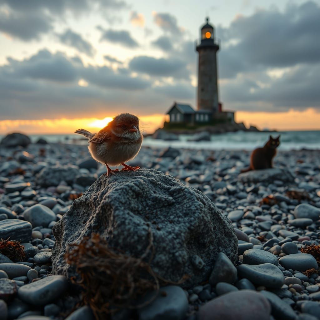 Mournful Wren Perched on Granite Rock at Sunset