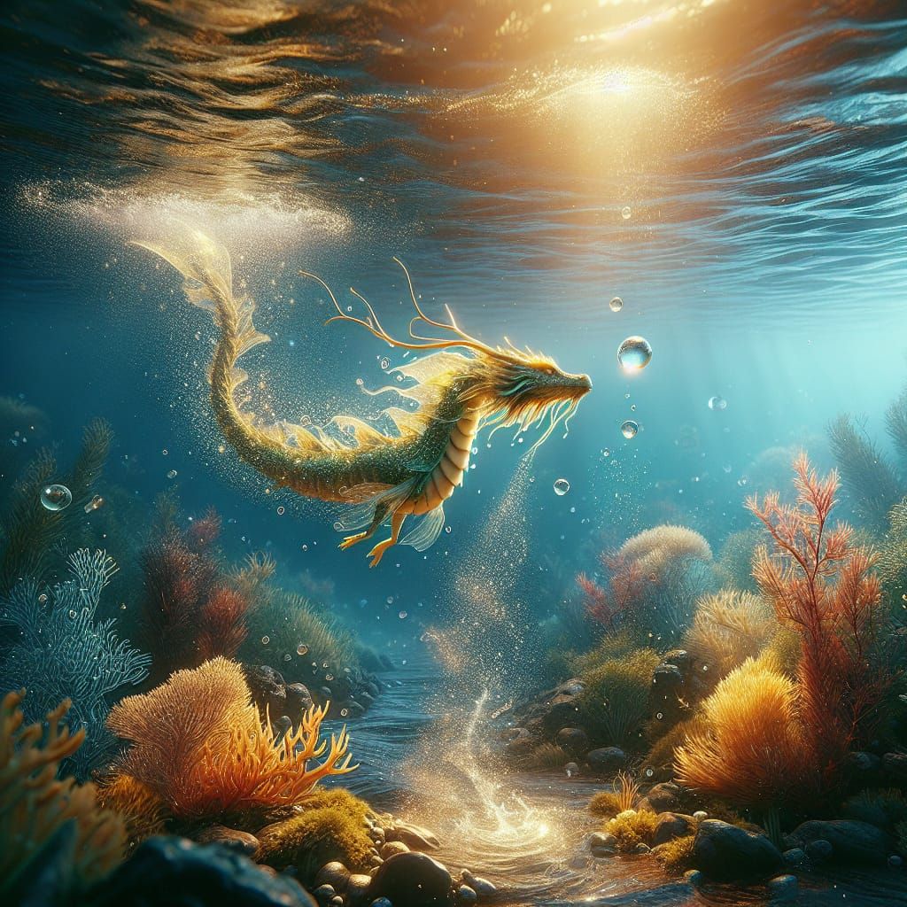 Realistic Underwater Realm with Iridescent Water Dragon