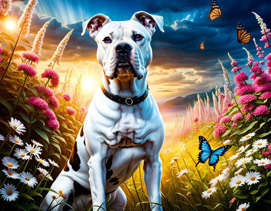 Brindle American Bulldog in a Flower Field