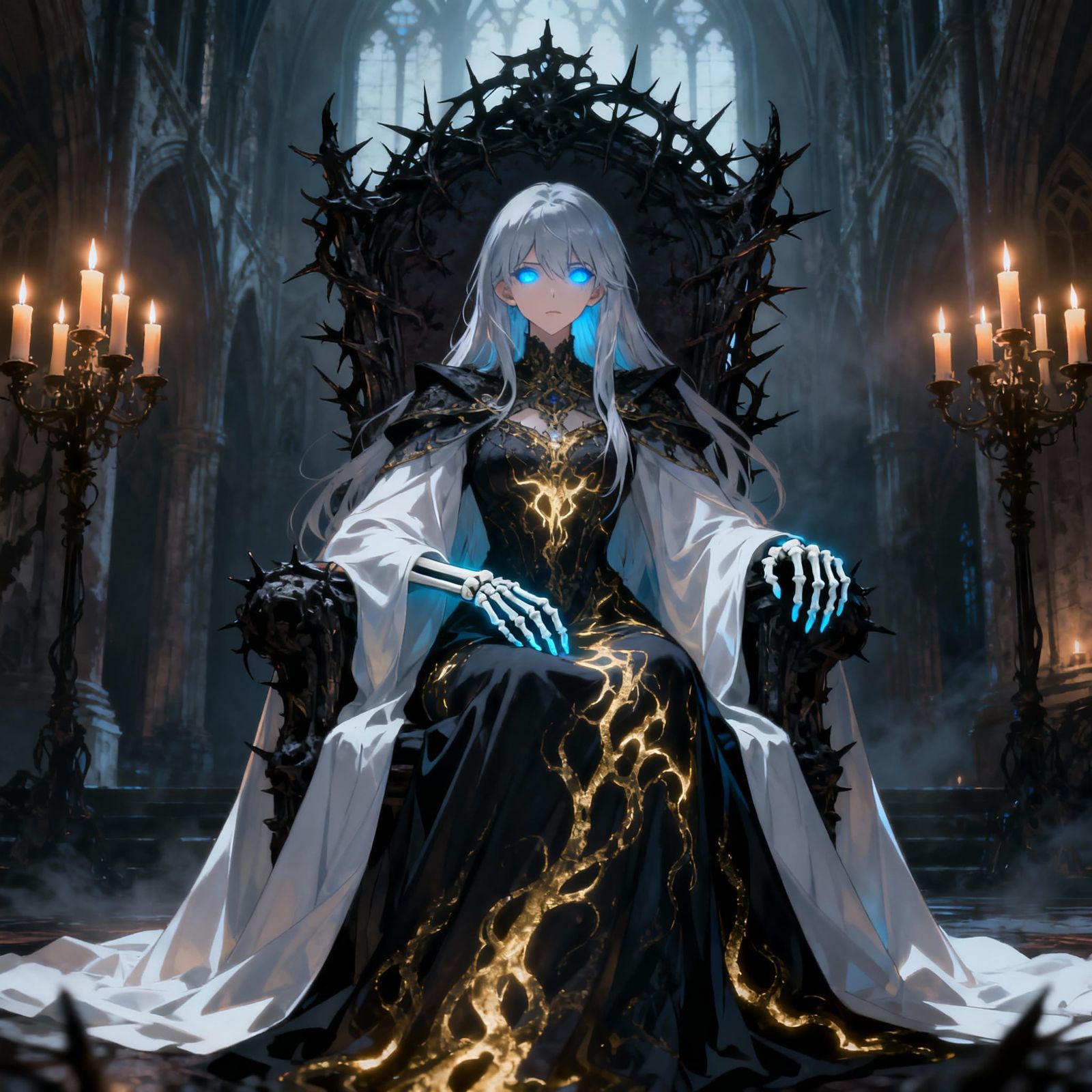 Anime Necromancer Queen on Thorny Throne in Gothic Temple