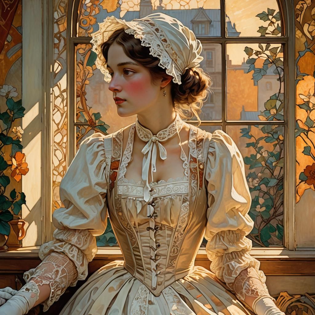 Madame Bovary in Art Nouveau Style at Golden Hour