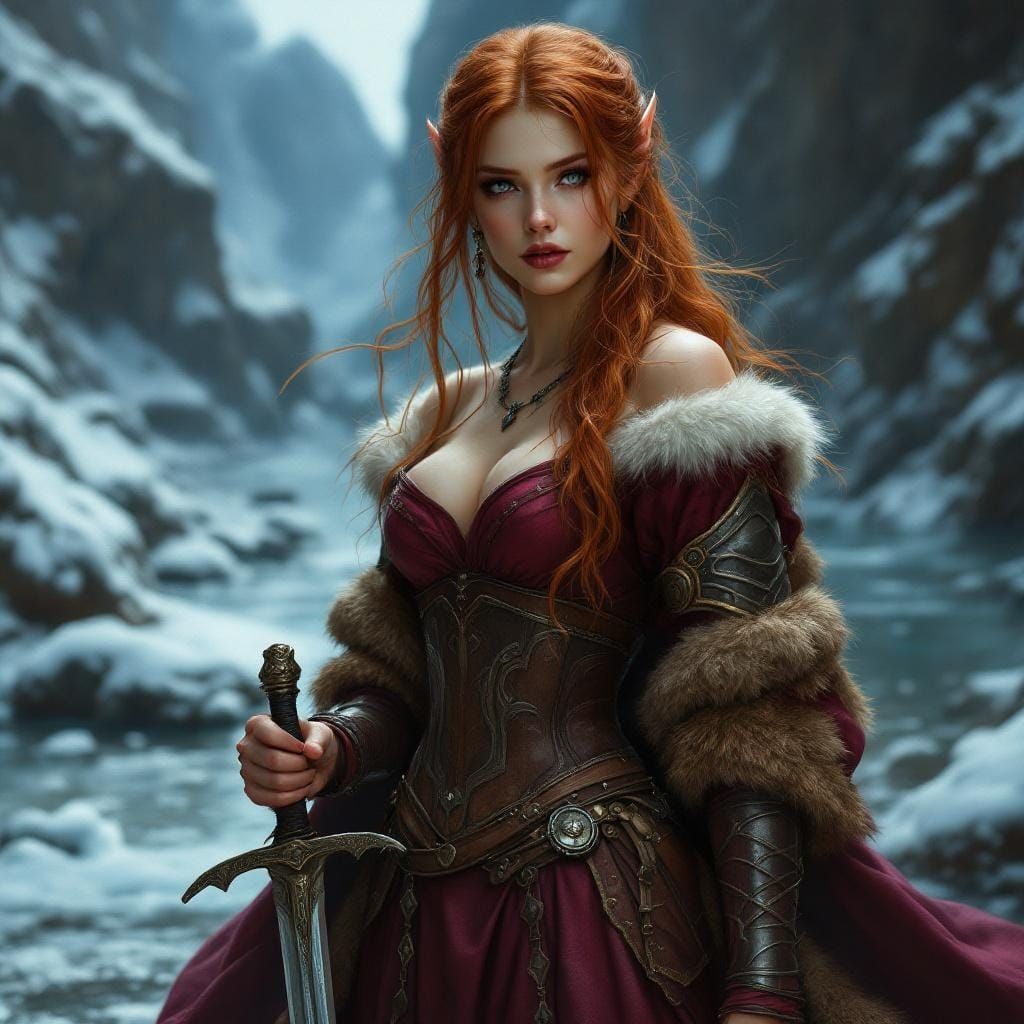 Auburn-Haired Elf Warrior on a Riverbank