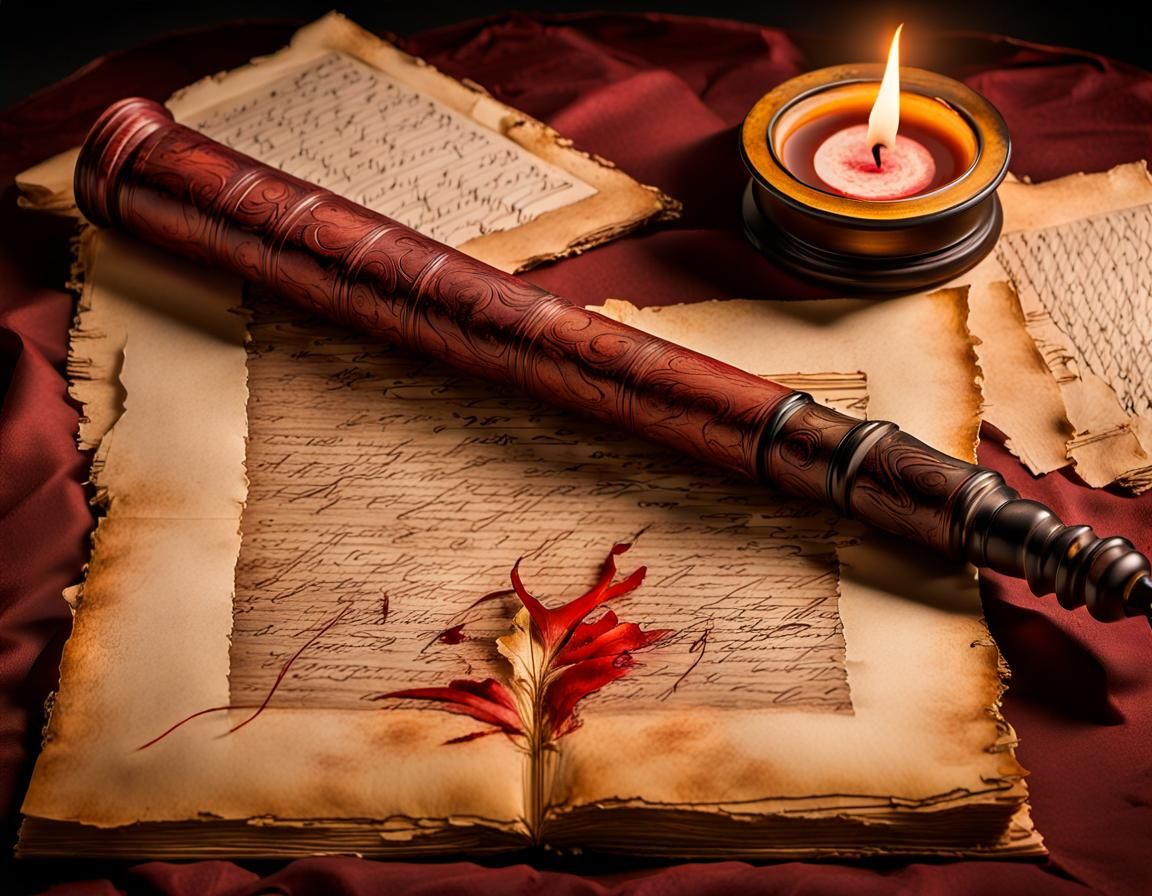 old weathered hand, writing in Calligraphy on old parchment ...