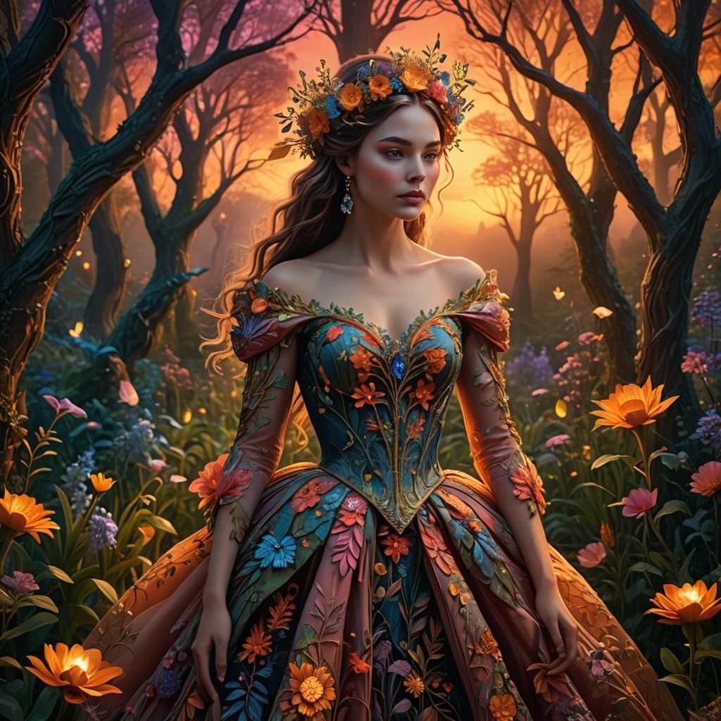 Sunset Woman in Whimsical Flower Forest: Digital Art