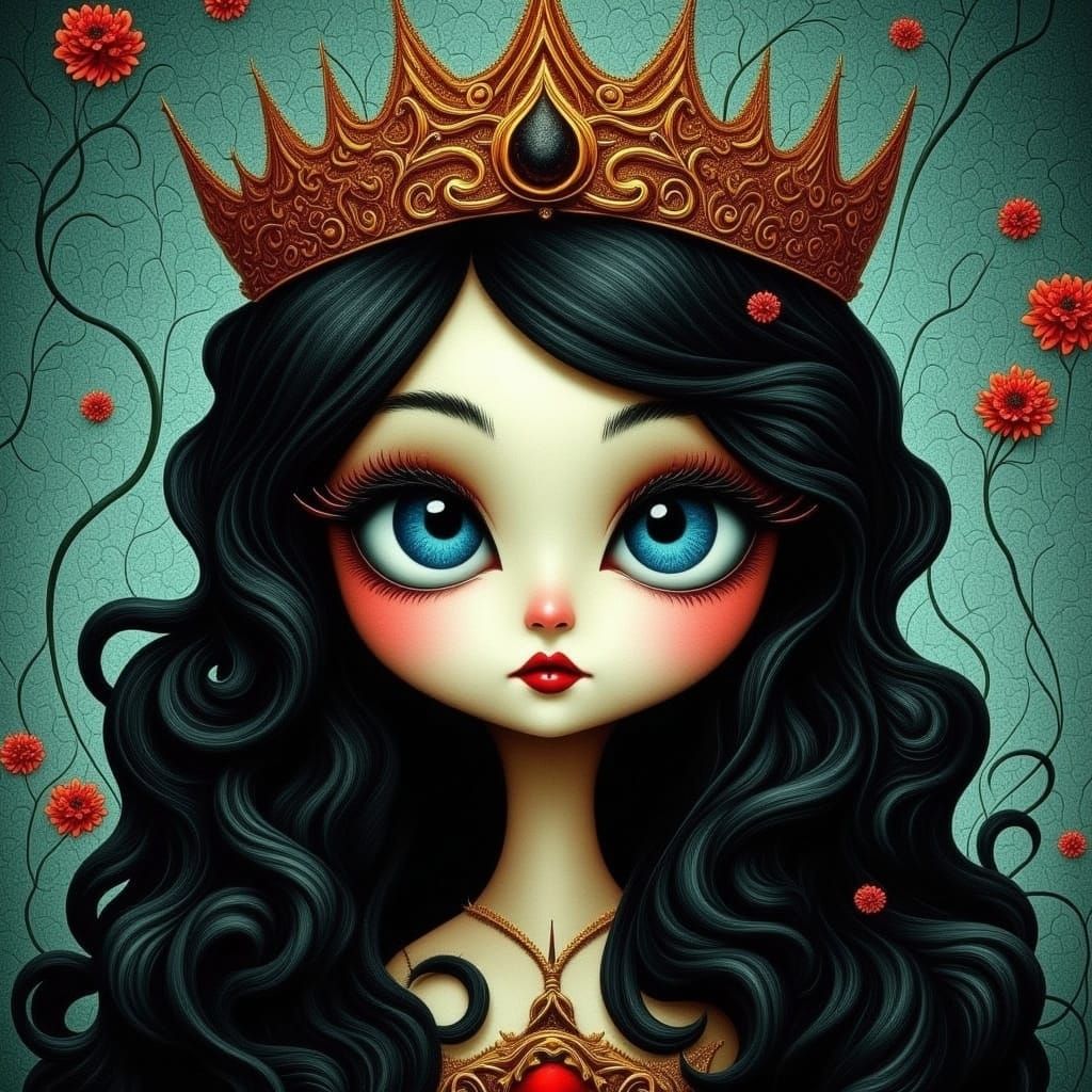Moody Queen with Crown: 2D Surreal Illustration