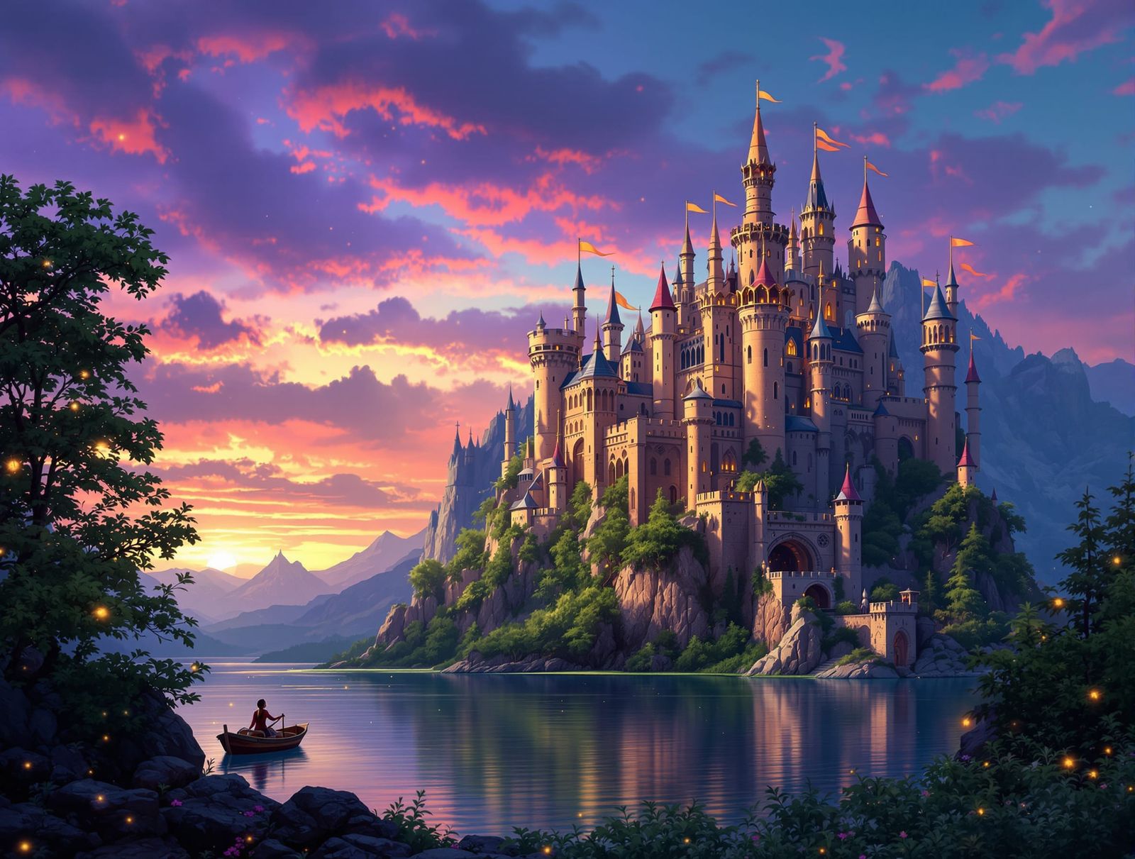 Majestic Fantasy Castle at Twilight Over Serene Lake