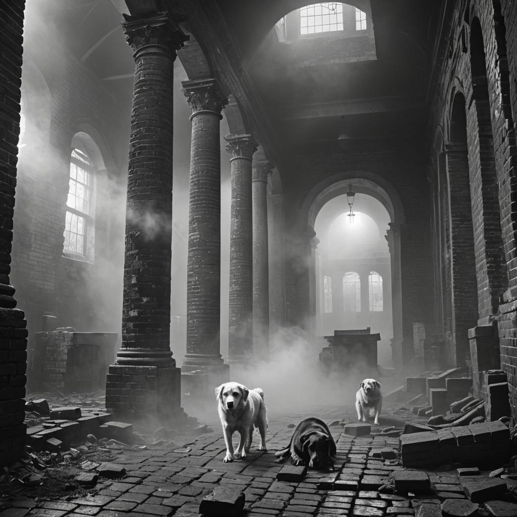 Giant Dogs in Fog: Black and White Horror