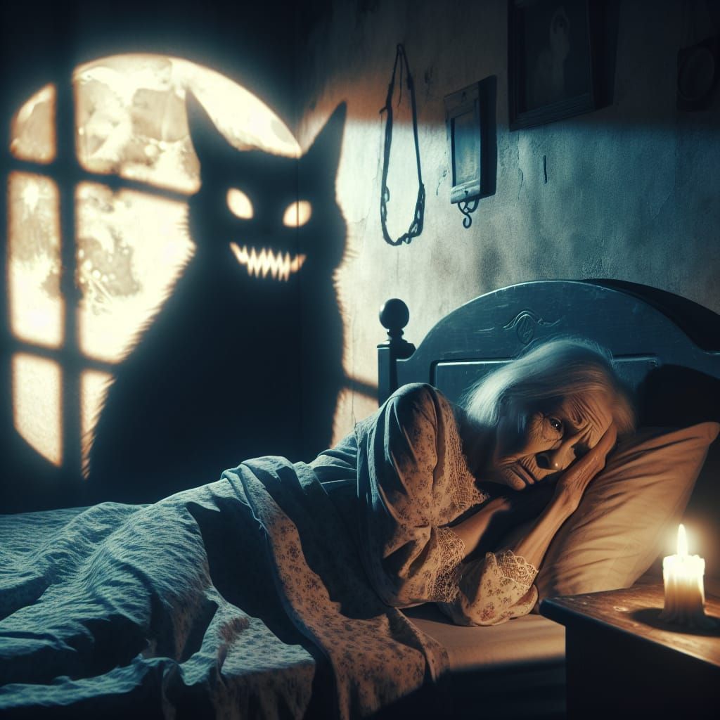 Sleepless Night: Elderly Woman and Ominous Cat Moon