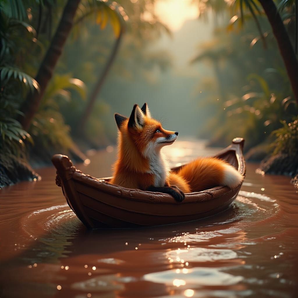 Dreamy Fox on Chocolate River: Surreal Fantasy