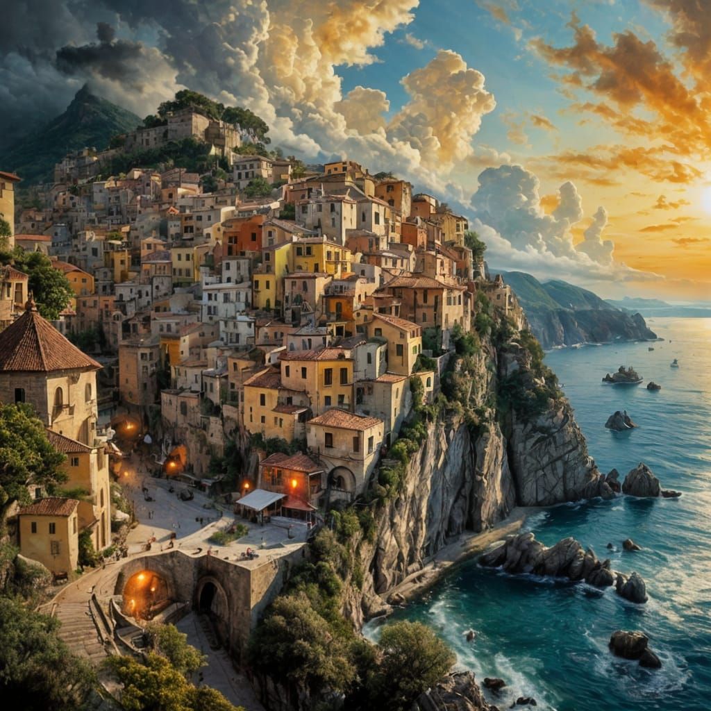 Mediterranean Village Matte Painting in Ink Style