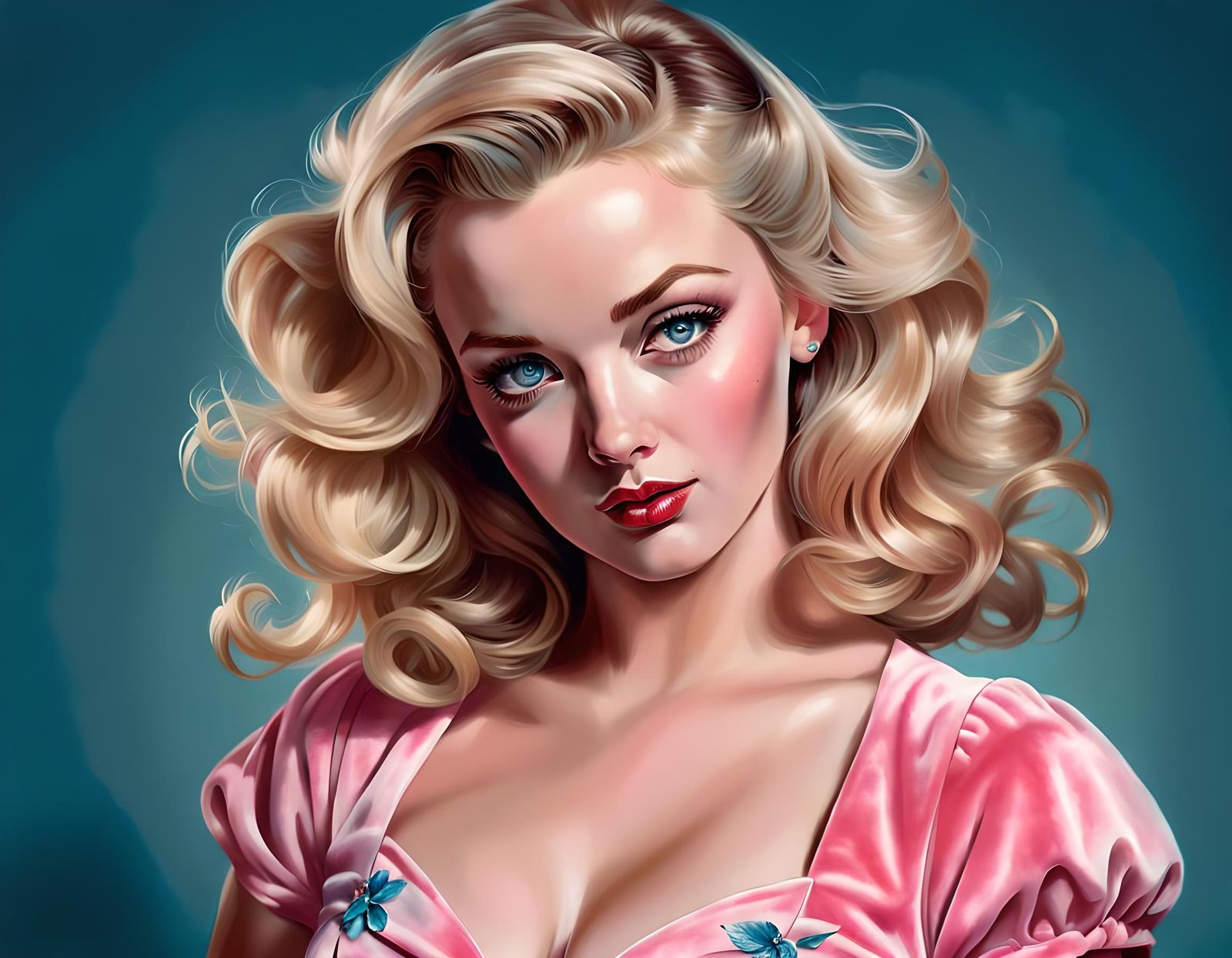 Photorealistic Pinup Portrait of Blonde in Pink Dress