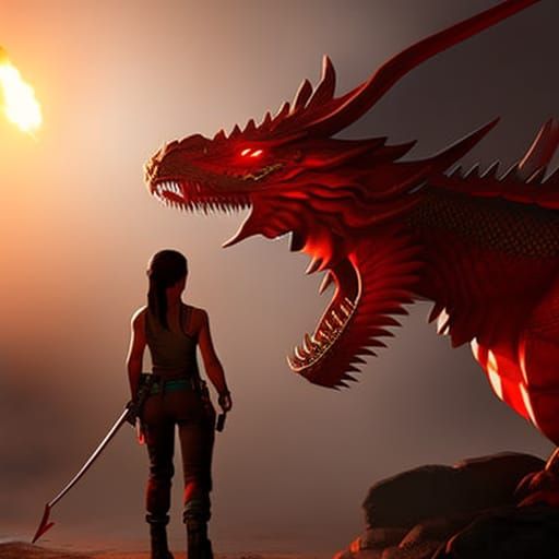 Laura Croft and Red Dragon: 3D Digital Art