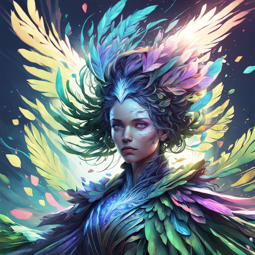 Ethereal Peacock Goddess in Neon Hues