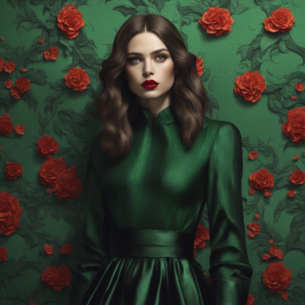 Voluptuous Brunette in Black Dress, Dominant Green Palette