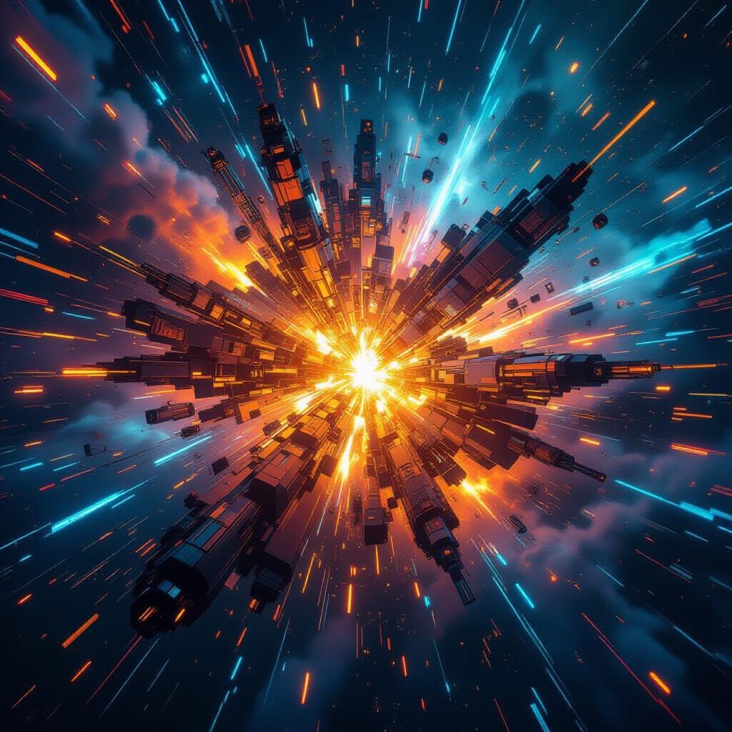 Colossal Tech Explosion in Hyperrealistic Digital Art