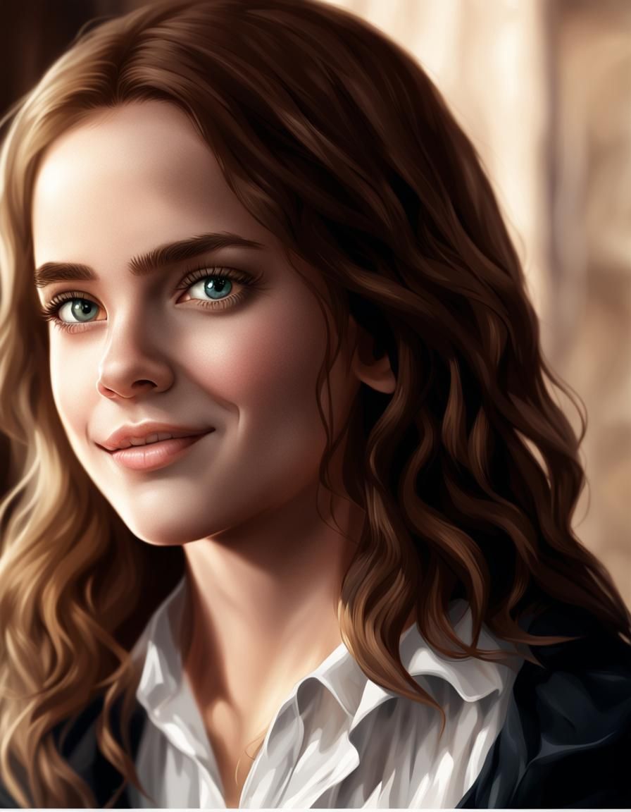 Hyperrealistic Portrait of a Smiling Brown-Haired Girl