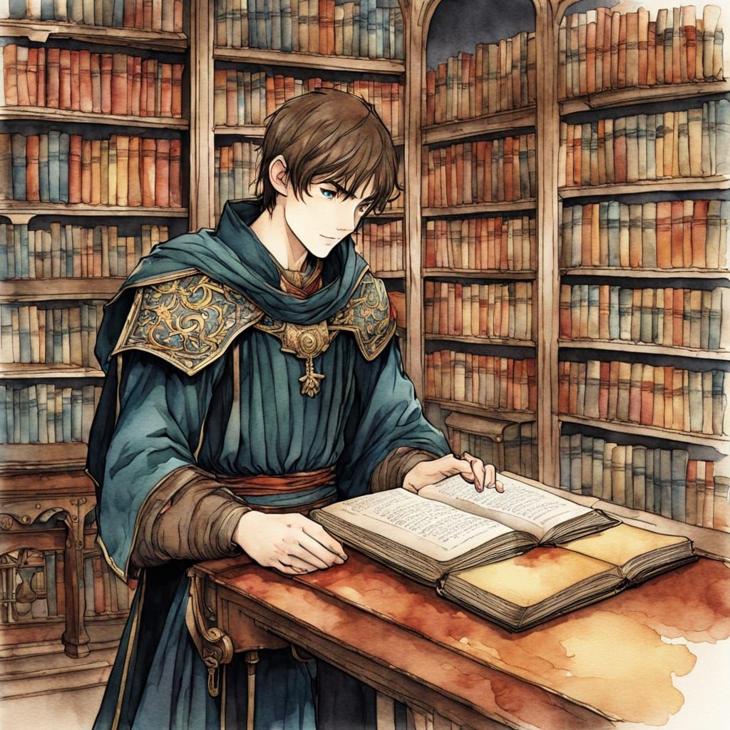 Medieval Boy in Library: Watercolor Manga Illustration