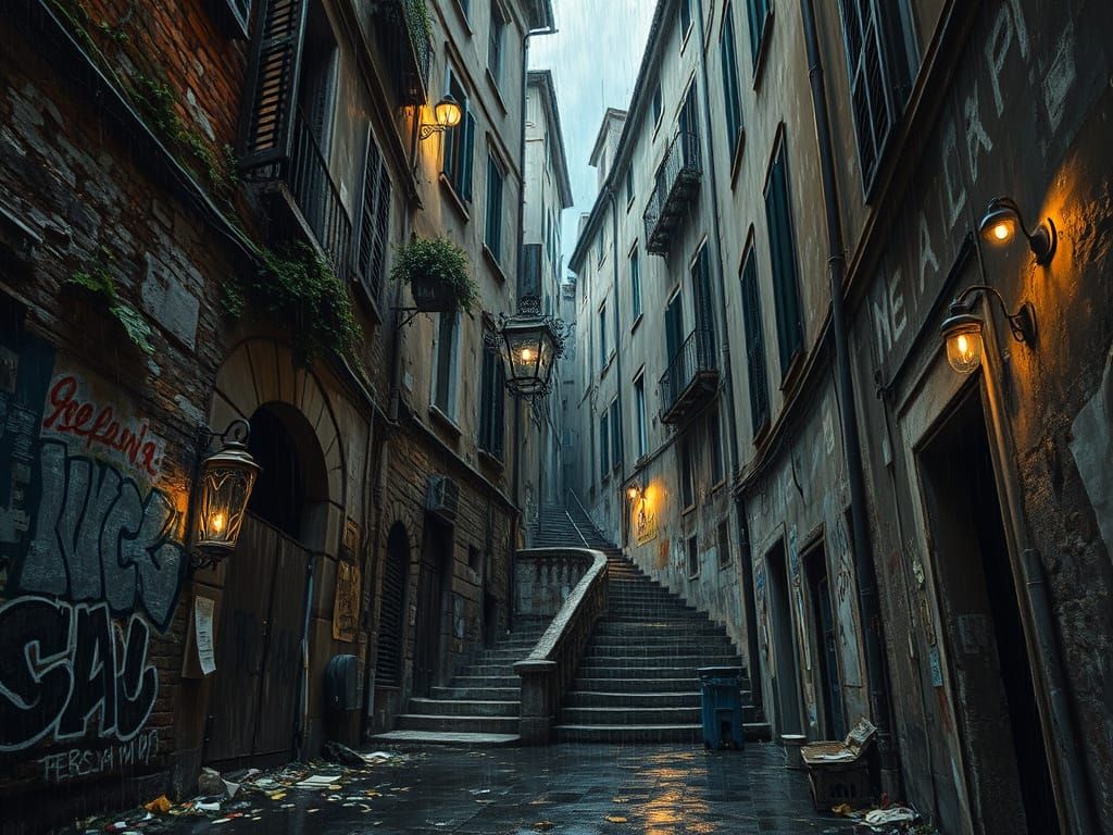 Rainy Evening in Spacca Napoli, Gritty Urban Landscape with ...
