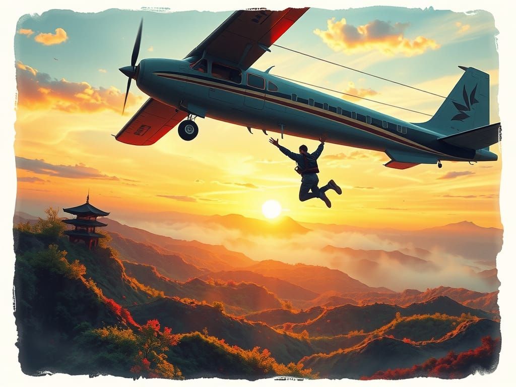Skydiver over Japanese Landscape in Ink and Watercolor