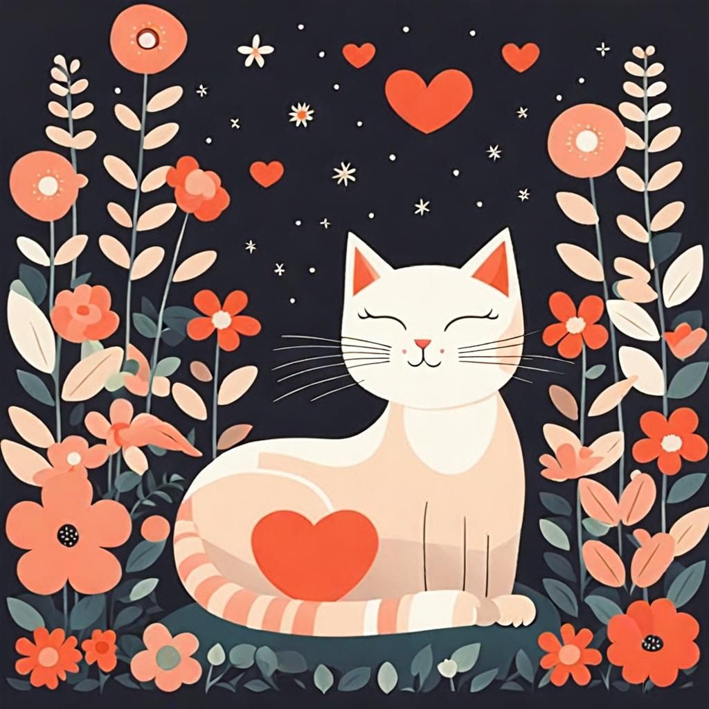Cute Cat Surrounded by Flowers in Digital Illustration