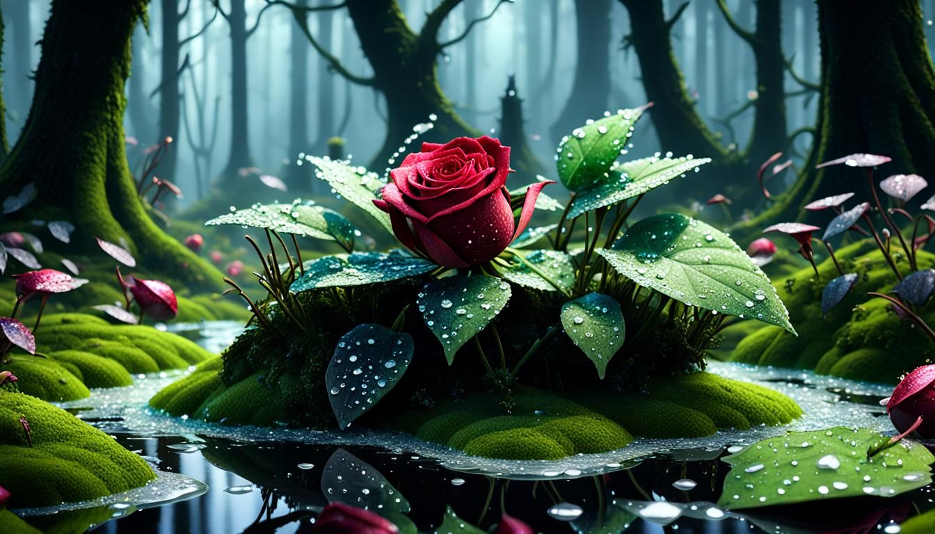 captain hook , Maleficent, dew drops on reflective layer over rose and leafs with dew look that has alkali seltzer and ...