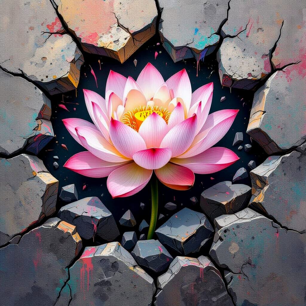Lotus Flower Blooms Amidst Dark, Fragmented Rocks