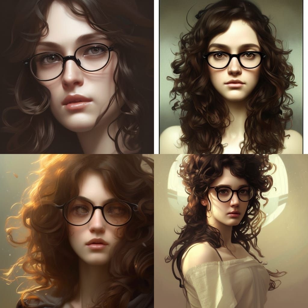 Brunette Girl Portrait with Round Glasses, Detailed Art