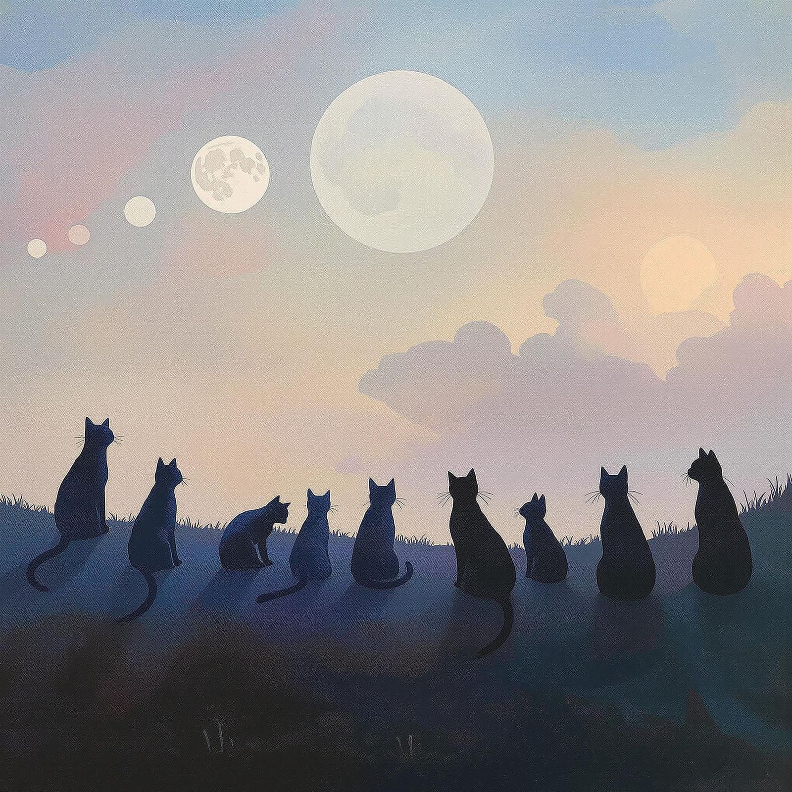 Moonlit Cats in Dreamy Landscape