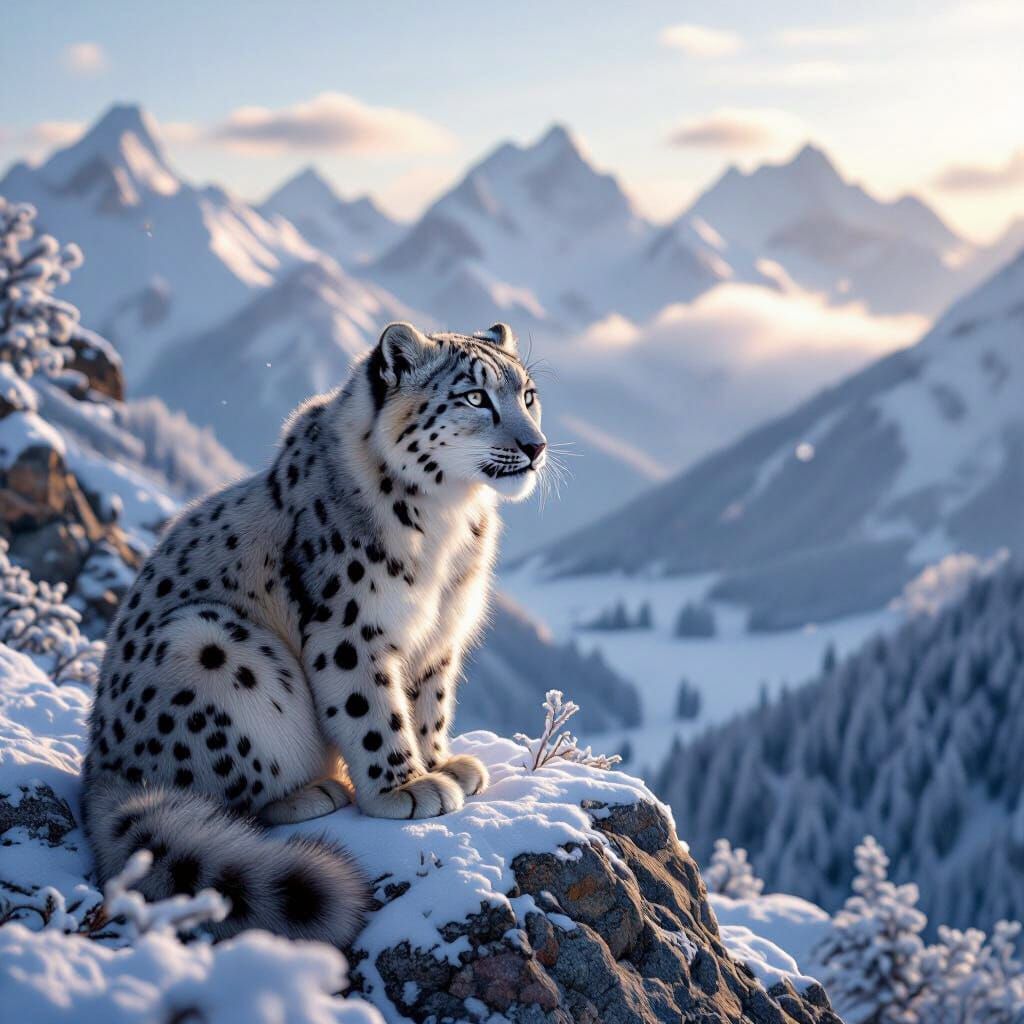 Playful Snow Leopard in Golden Mountain Light